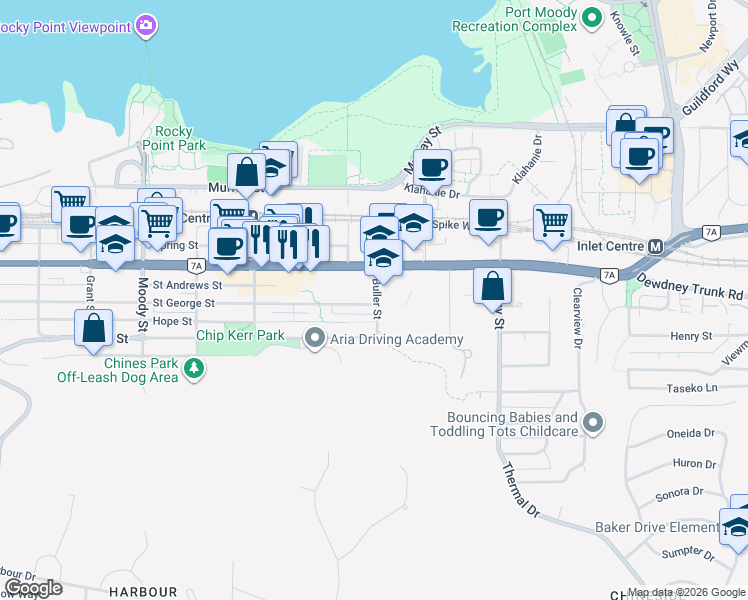 map of restaurants, bars, coffee shops, grocery stores, and more near 3111 Saint George Street in Port Moody