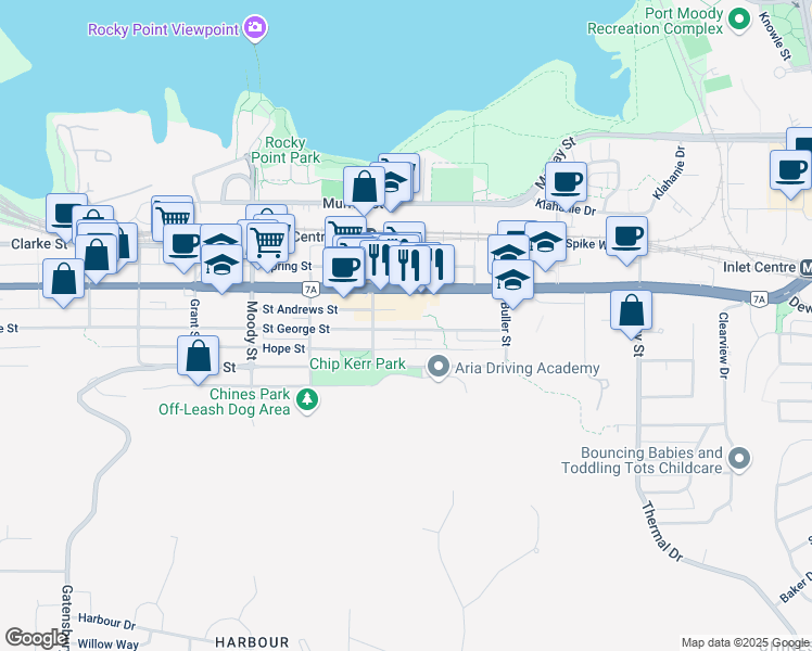 map of restaurants, bars, coffee shops, grocery stores, and more near in Port Moody
