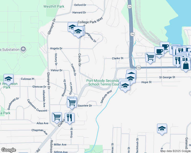 map of restaurants, bars, coffee shops, grocery stores, and more near in Port Moody