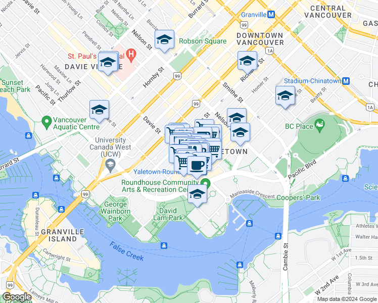 map of restaurants, bars, coffee shops, grocery stores, and more near in Vancouver