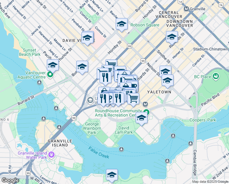 map of restaurants, bars, coffee shops, grocery stores, and more near 1321 Richards Street in Vancouver