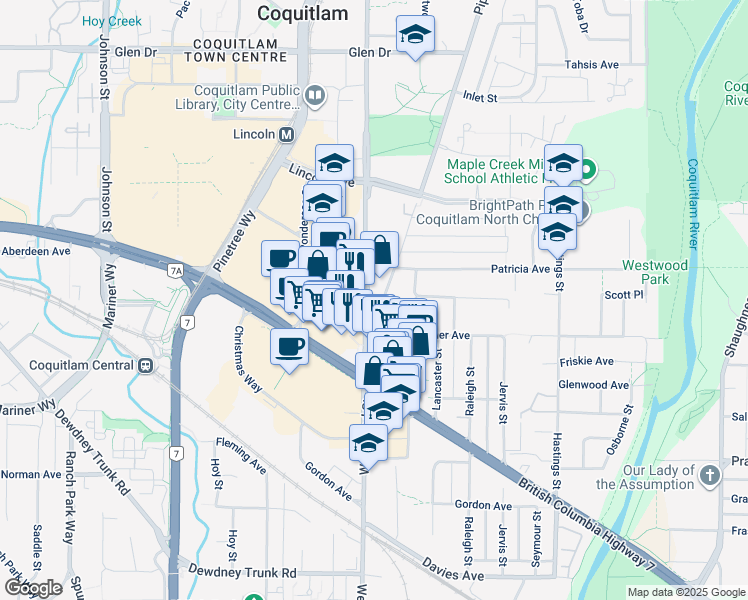 map of restaurants, bars, coffee shops, grocery stores, and more near 2777 Kitchener Avenue in Port Coquitlam