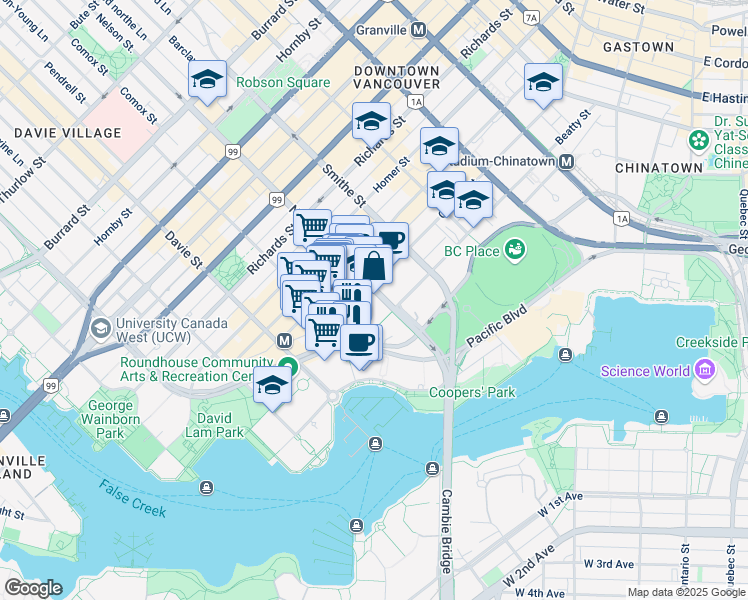 map of restaurants, bars, coffee shops, grocery stores, and more near 188 Nelson Street in Vancouver