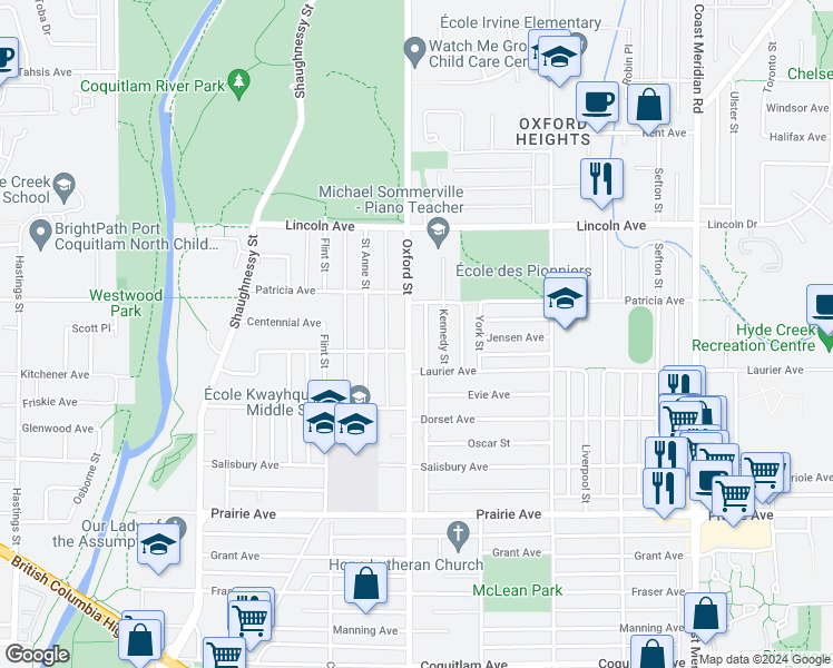 map of restaurants, bars, coffee shops, grocery stores, and more near 3552 Oxford Street in Port Coquitlam
