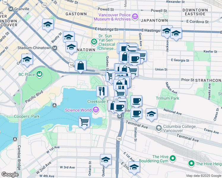 map of restaurants, bars, coffee shops, grocery stores, and more near 120 Milross Avenue in Vancouver