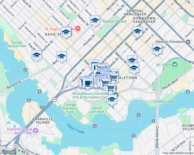 map of restaurants, bars, coffee shops, grocery stores, and more near 1227 Richards Street in Vancouver