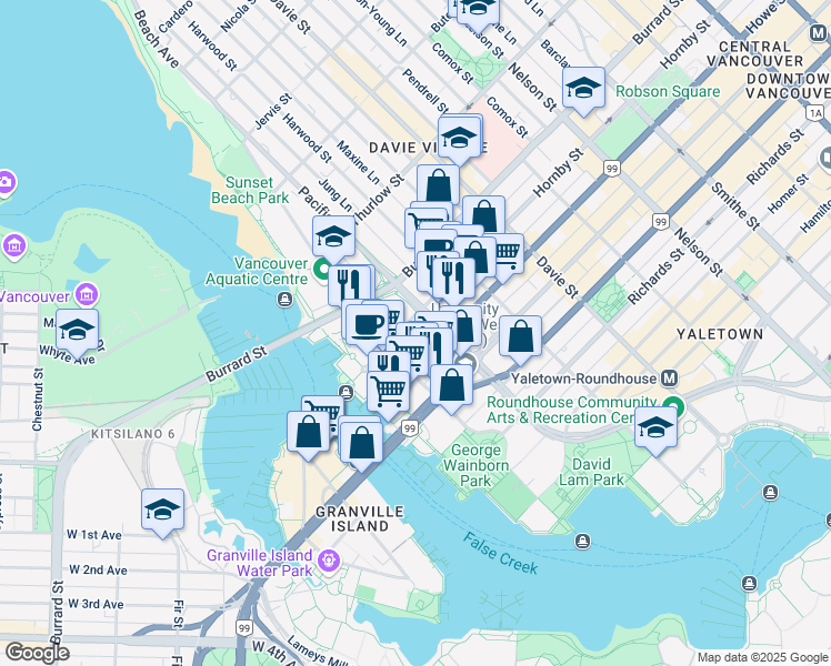 map of restaurants, bars, coffee shops, grocery stores, and more near 1488 Hornby Street in Vancouver