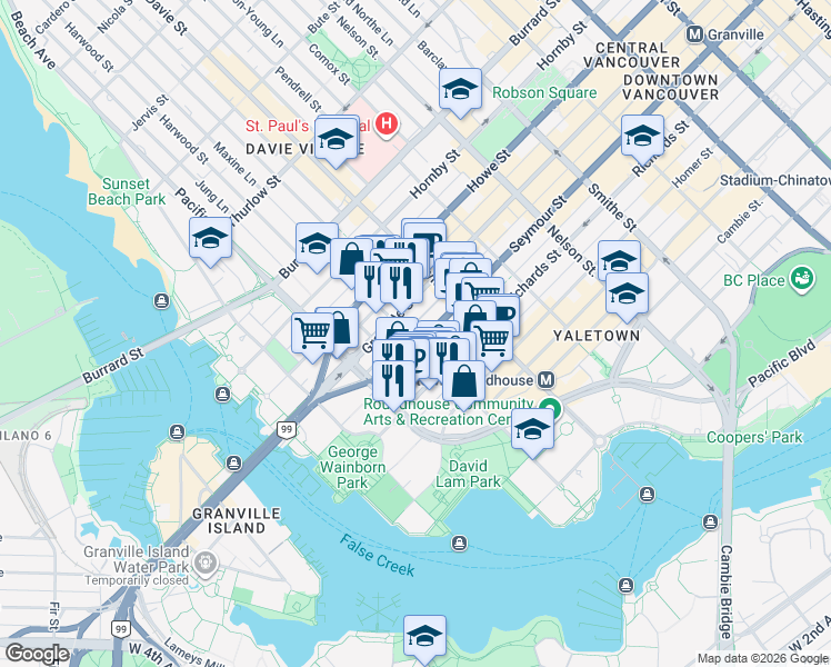 map of restaurants, bars, coffee shops, grocery stores, and more near 1295 Seymour Street in Vancouver