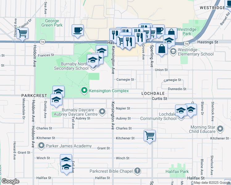 map of restaurants, bars, coffee shops, grocery stores, and more near 950 Kensington Avenue in Burnaby