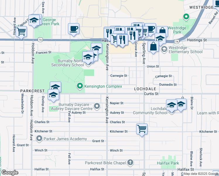 map of restaurants, bars, coffee shops, grocery stores, and more near 950 Kensington Avenue in Burnaby