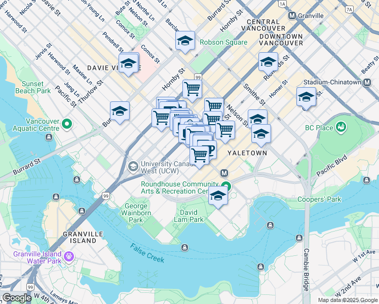 map of restaurants, bars, coffee shops, grocery stores, and more near 1225 Richards Street in Vancouver