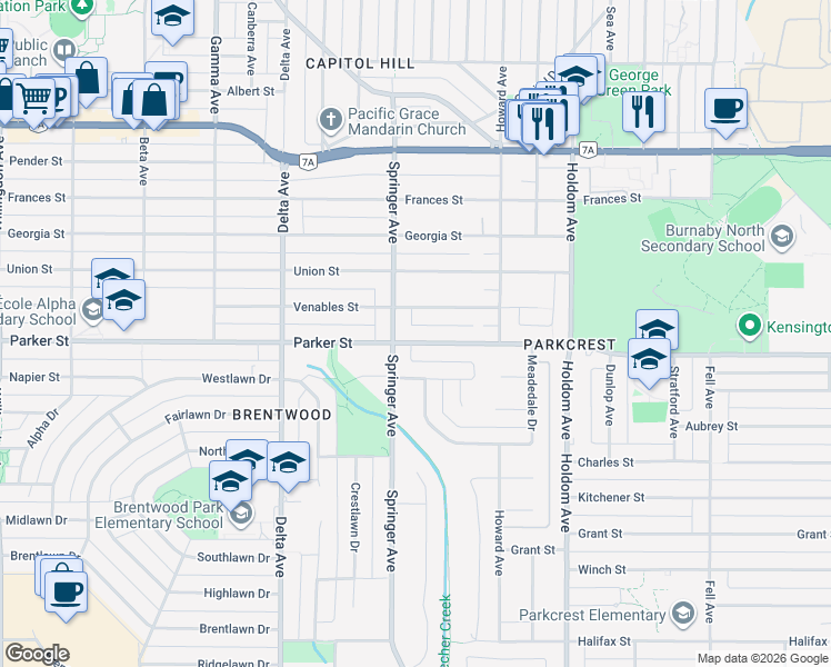 map of restaurants, bars, coffee shops, grocery stores, and more near 5315 Parker Street in Burnaby
