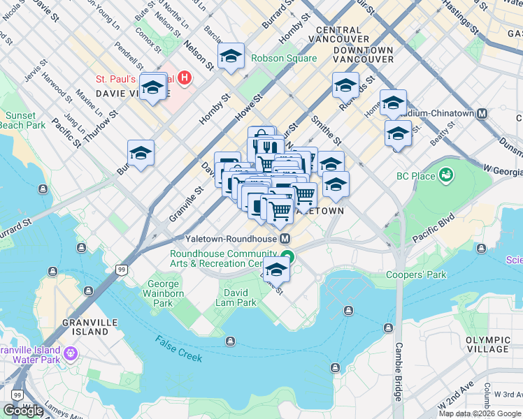 map of restaurants, bars, coffee shops, grocery stores, and more near 1155 Homer Street in Vancouver