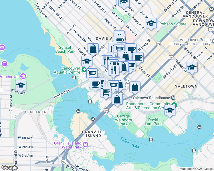 map of restaurants, bars, coffee shops, grocery stores, and more near 1488 Hornby Street in Vancouver