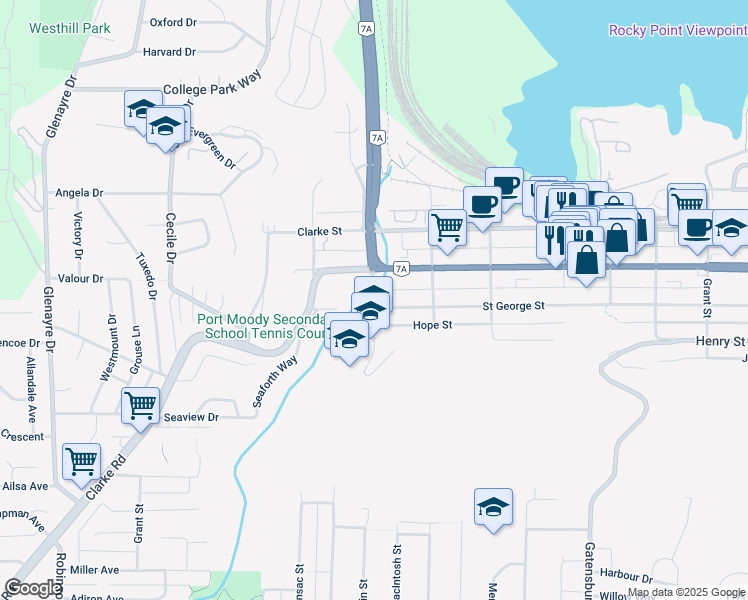 map of restaurants, bars, coffee shops, grocery stores, and more near 2016 Saint George Street in Port Moody