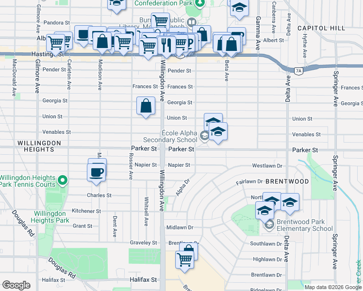 map of restaurants, bars, coffee shops, grocery stores, and more near 4557 Parker Street in Burnaby