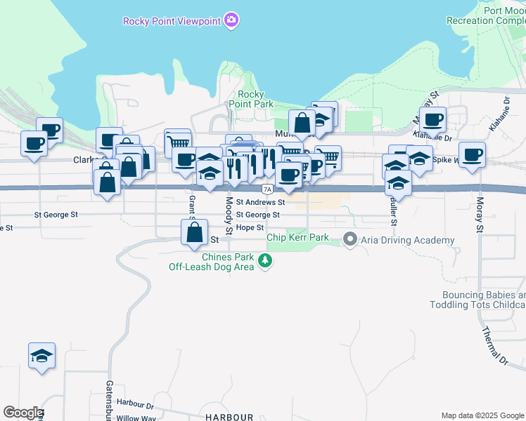 map of restaurants, bars, coffee shops, grocery stores, and more near 123 Hugh Street in Port Moody