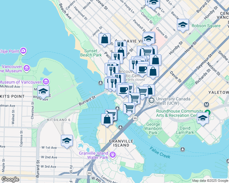 map of restaurants, bars, coffee shops, grocery stores, and more near 1008 Beach Avenue in Vancouver