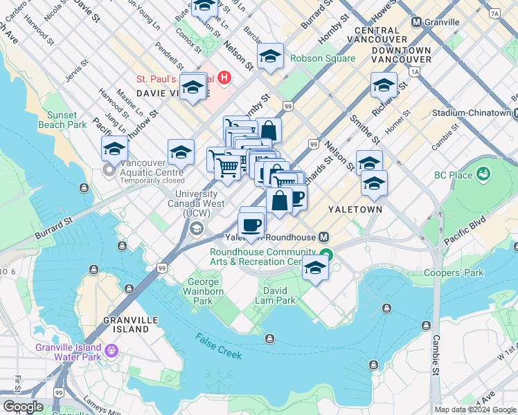 map of restaurants, bars, coffee shops, grocery stores, and more near 1107-1238 Seymour Street in Vancouver