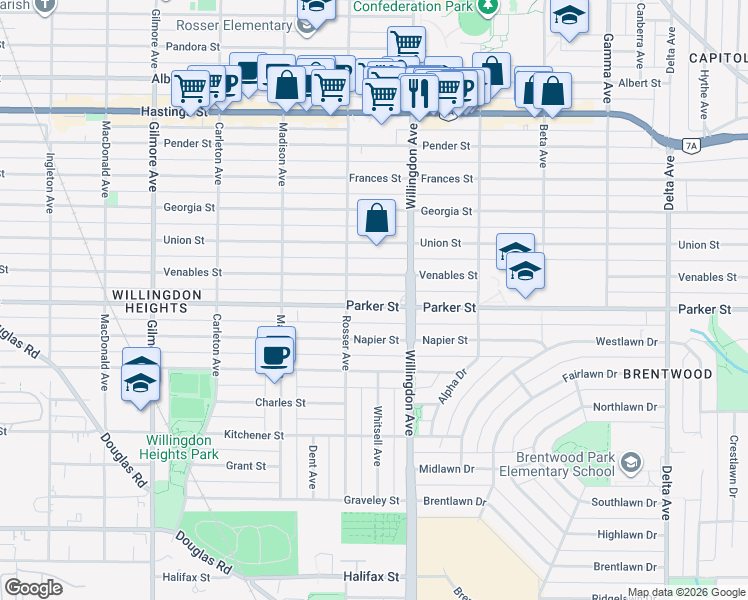 map of restaurants, bars, coffee shops, grocery stores, and more near 4445 Parker Street in Burnaby