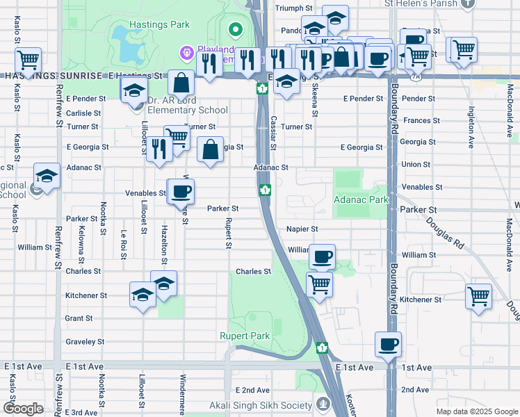 map of restaurants, bars, coffee shops, grocery stores, and more near Parker Street in Metro Vancouver