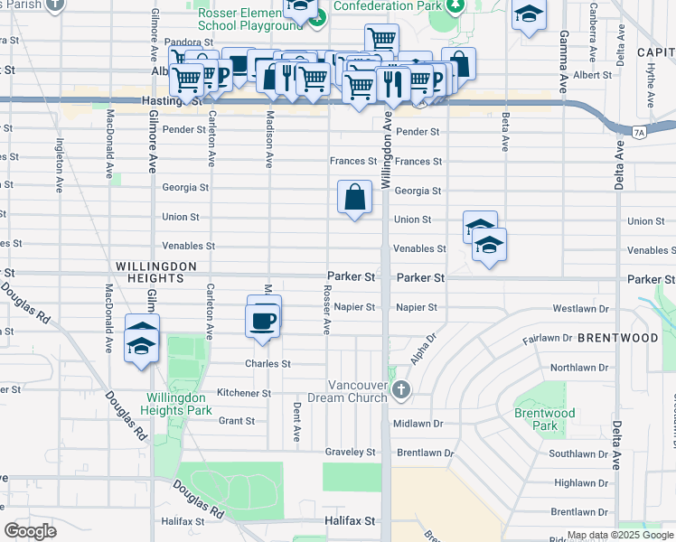map of restaurants, bars, coffee shops, grocery stores, and more near 4407 Parker Street in Burnaby