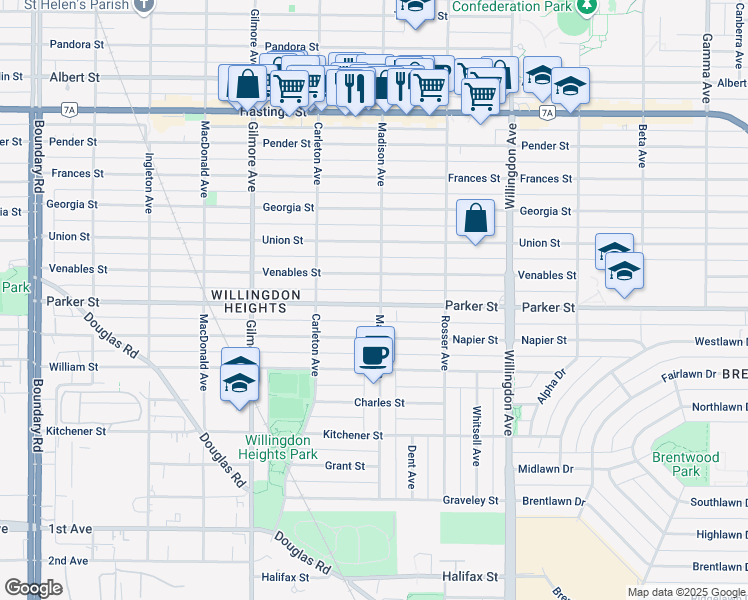 map of restaurants, bars, coffee shops, grocery stores, and more near 4289 Parker Street in Burnaby