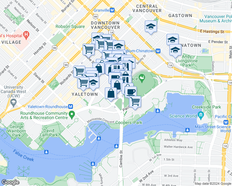 map of restaurants, bars, coffee shops, grocery stores, and more near in Vancouver