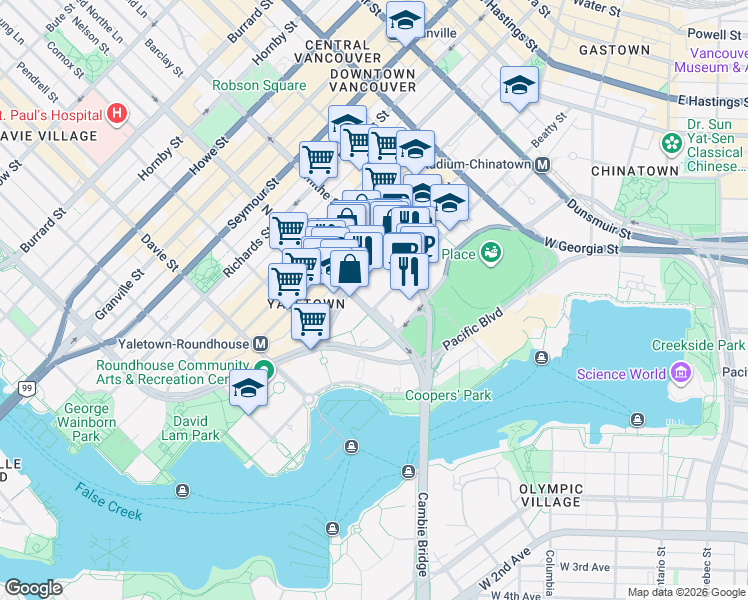 map of restaurants, bars, coffee shops, grocery stores, and more near in Vancouver