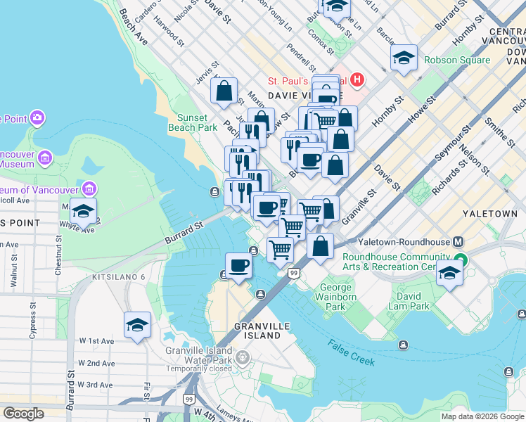 map of restaurants, bars, coffee shops, grocery stores, and more near in Vancouver