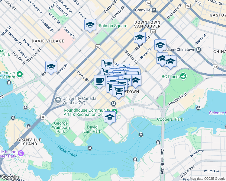 map of restaurants, bars, coffee shops, grocery stores, and more near 1128 Homer Street in Vancouver