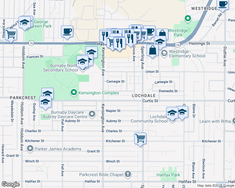map of restaurants, bars, coffee shops, grocery stores, and more near 6546 Dunnedin Street in Burnaby