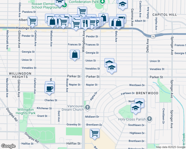 map of restaurants, bars, coffee shops, grocery stores, and more near 4557 Parker Street in Burnaby