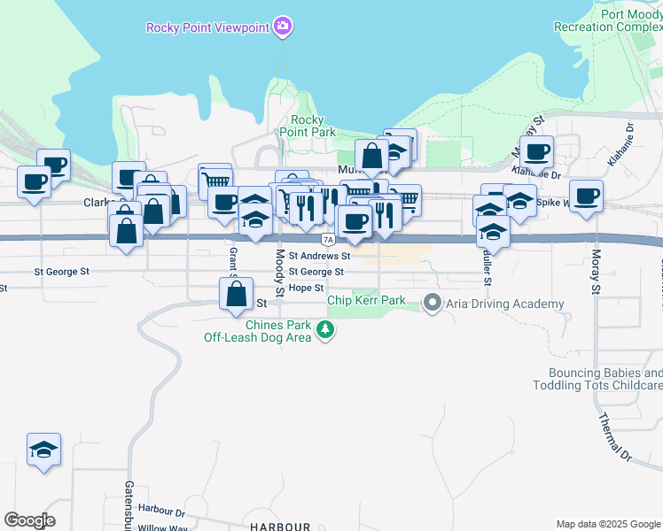 map of restaurants, bars, coffee shops, grocery stores, and more near 2902 Saint George Street in Port Moody