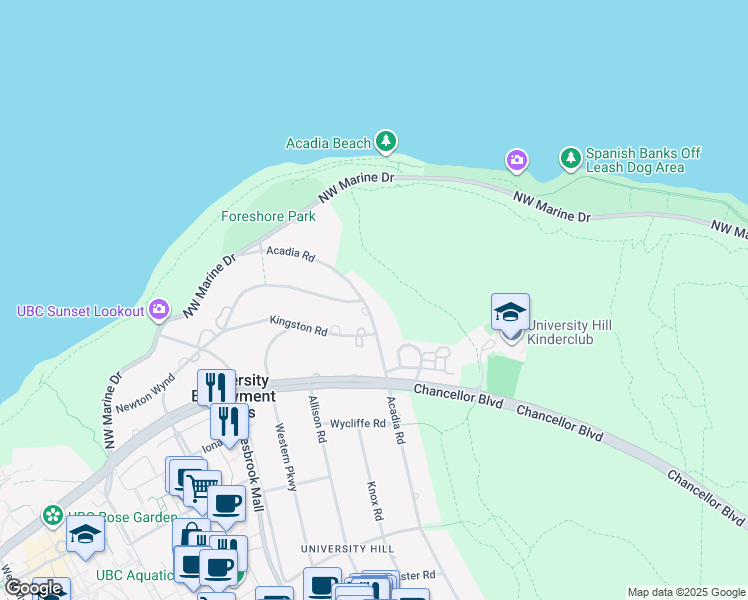 map of restaurants, bars, coffee shops, grocery stores, and more near 1416 Acadia Road in Vancouver