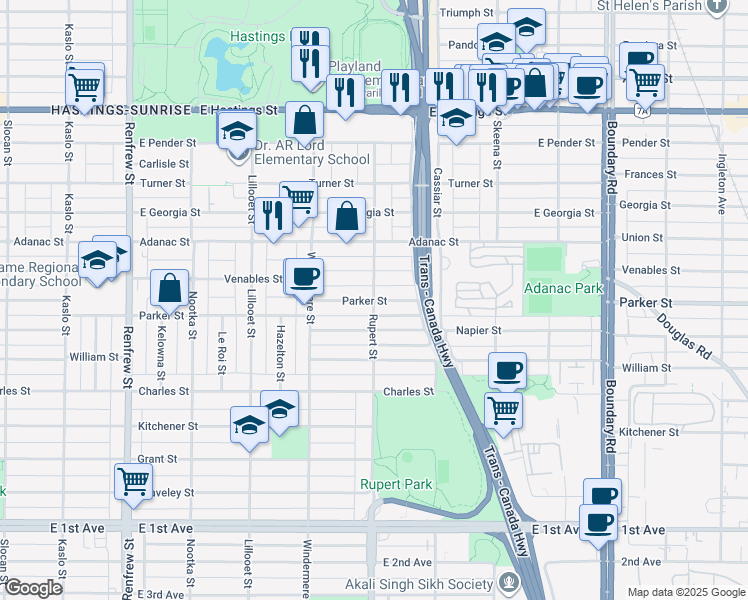 map of restaurants, bars, coffee shops, grocery stores, and more near Parker Street in Vancouver