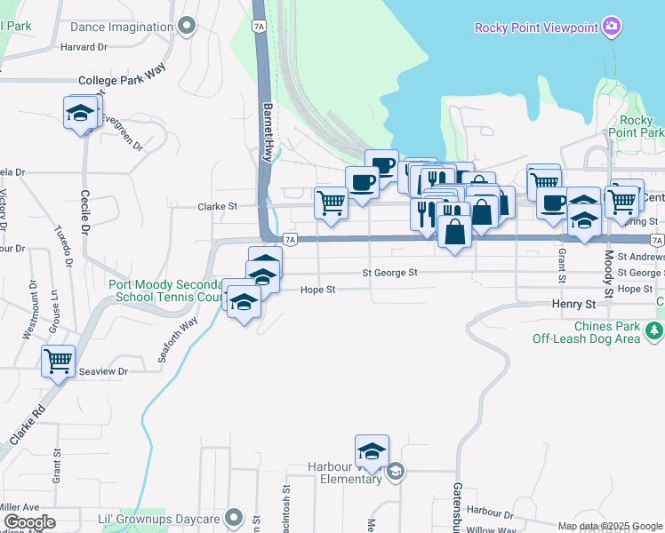 map of restaurants, bars, coffee shops, grocery stores, and more near 2208 Saint George Street in Port Moody