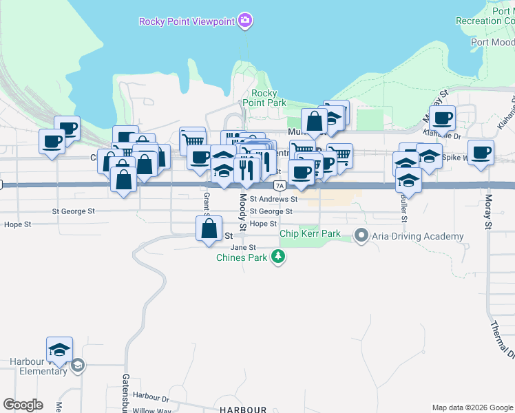 map of restaurants, bars, coffee shops, grocery stores, and more near 2808 Saint George Street in Port Moody