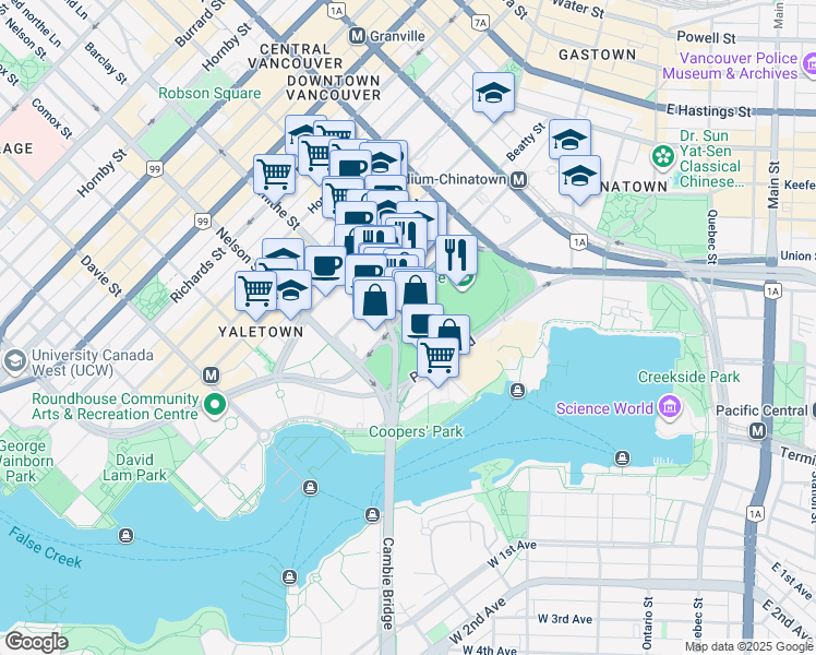 map of restaurants, bars, coffee shops, grocery stores, and more near 68 Smithe Street in Vancouver