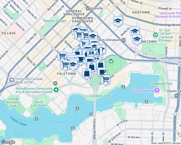 map of restaurants, bars, coffee shops, grocery stores, and more near 928 Beatty Street in Vancouver