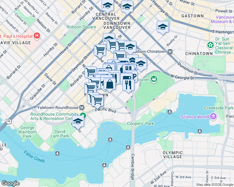 map of restaurants, bars, coffee shops, grocery stores, and more near 989 Beatty Street in Vancouver