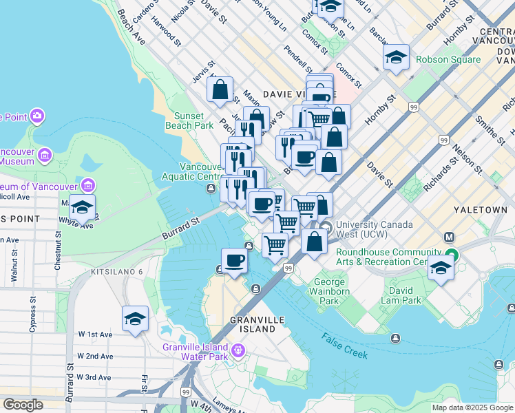 map of restaurants, bars, coffee shops, grocery stores, and more near 1000 Beach Avenue in Vancouver