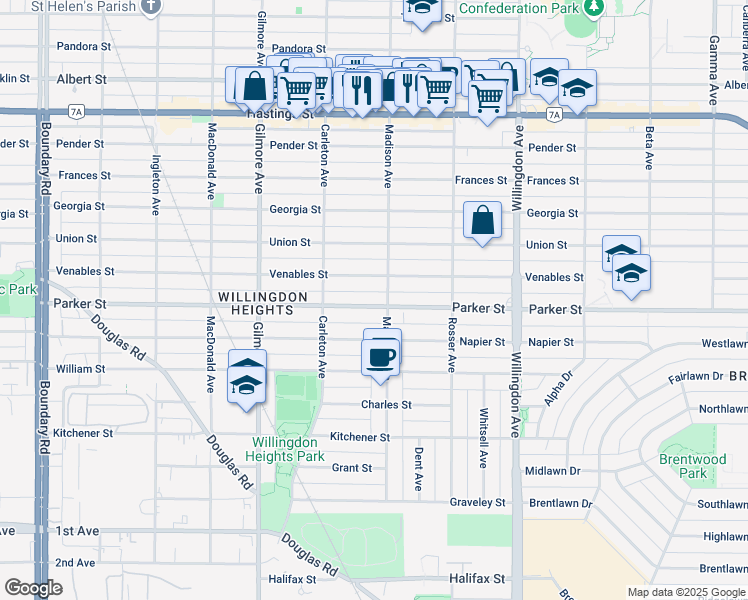 map of restaurants, bars, coffee shops, grocery stores, and more near 4267 Parker Street in Burnaby