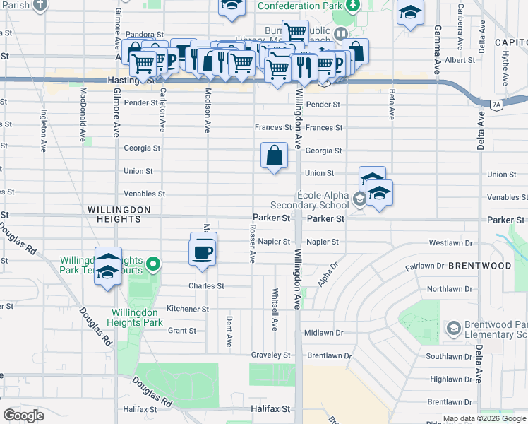 map of restaurants, bars, coffee shops, grocery stores, and more near 4421 Parker Street in Burnaby