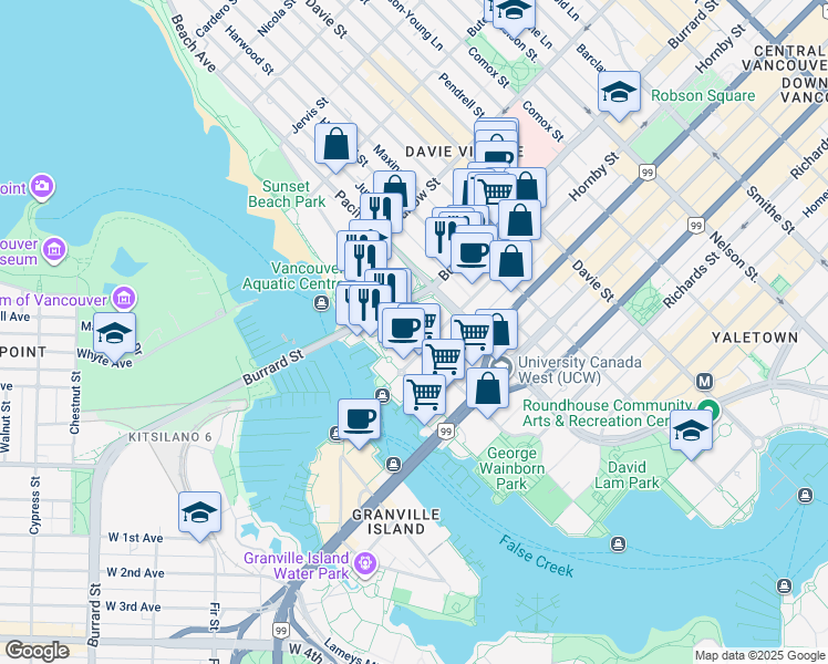 map of restaurants, bars, coffee shops, grocery stores, and more near 907 Beach Avenue in Vancouver