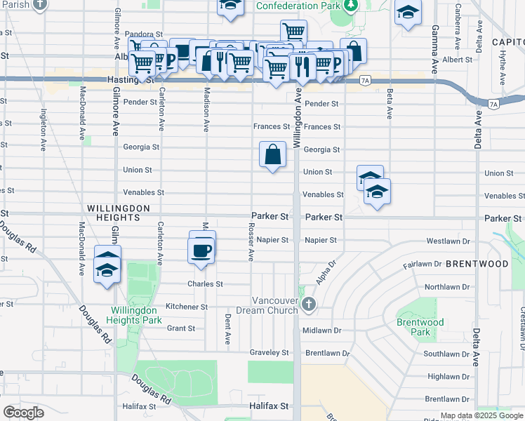 map of restaurants, bars, coffee shops, grocery stores, and more near 4421 Parker Street in Burnaby