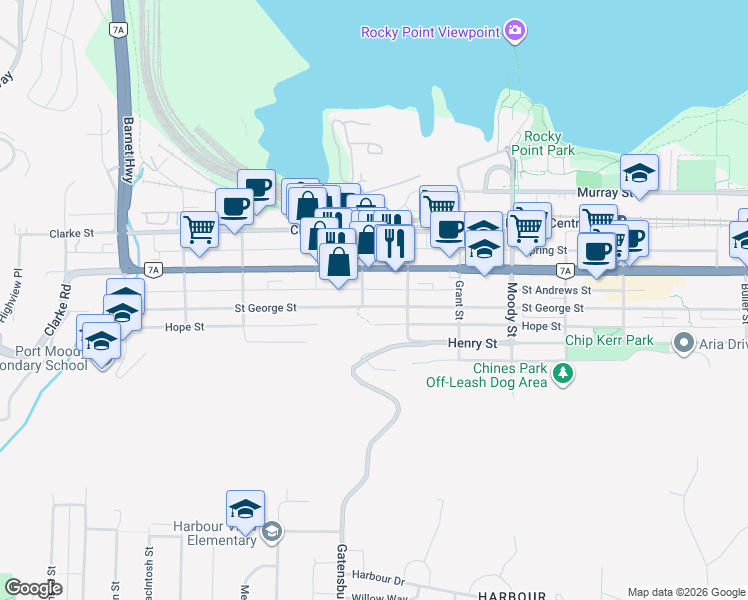 map of restaurants, bars, coffee shops, grocery stores, and more near 2506 Saint George Street in Port Moody