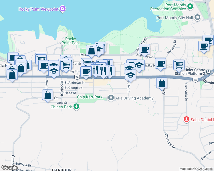 map of restaurants, bars, coffee shops, grocery stores, and more near 3038 Saint George Street in Port Moody