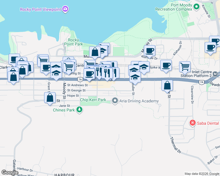 map of restaurants, bars, coffee shops, grocery stores, and more near 3038 Saint George Street in Port Moody