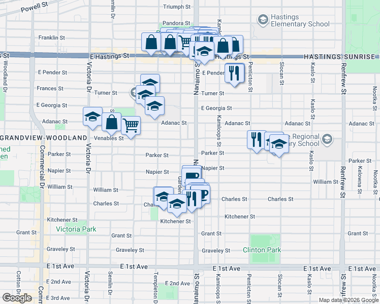 map of restaurants, bars, coffee shops, grocery stores, and more near 2339 Parker Street in Vancouver
